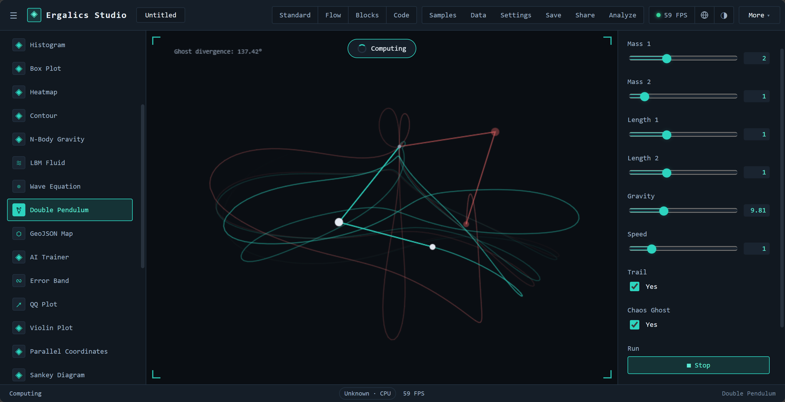 Double Pendulum — two trajectories diverging, HUD reads Ghost divergence: 137.42°
