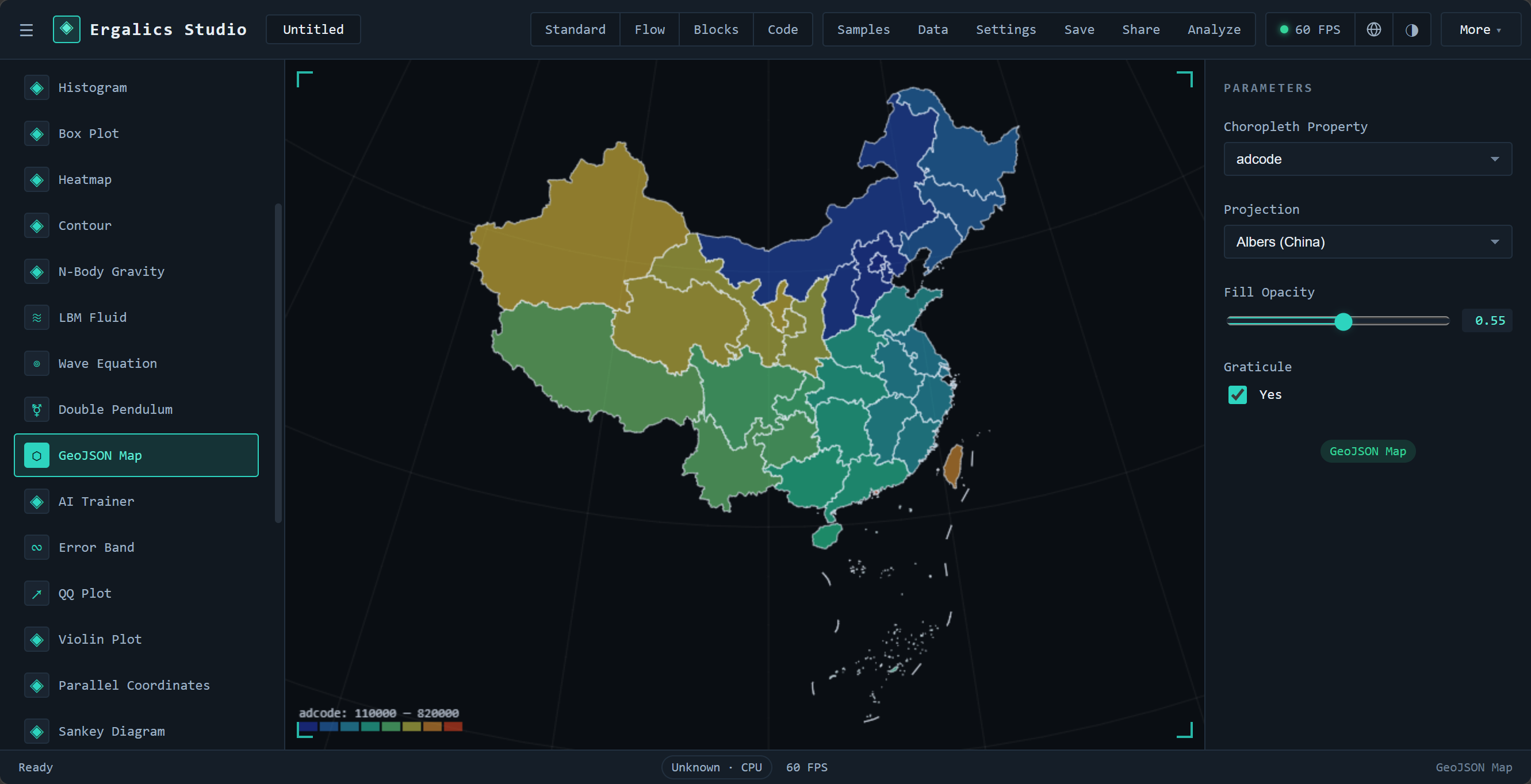GeoJSON Map — China provinces choropleth in the Albers (China) projection