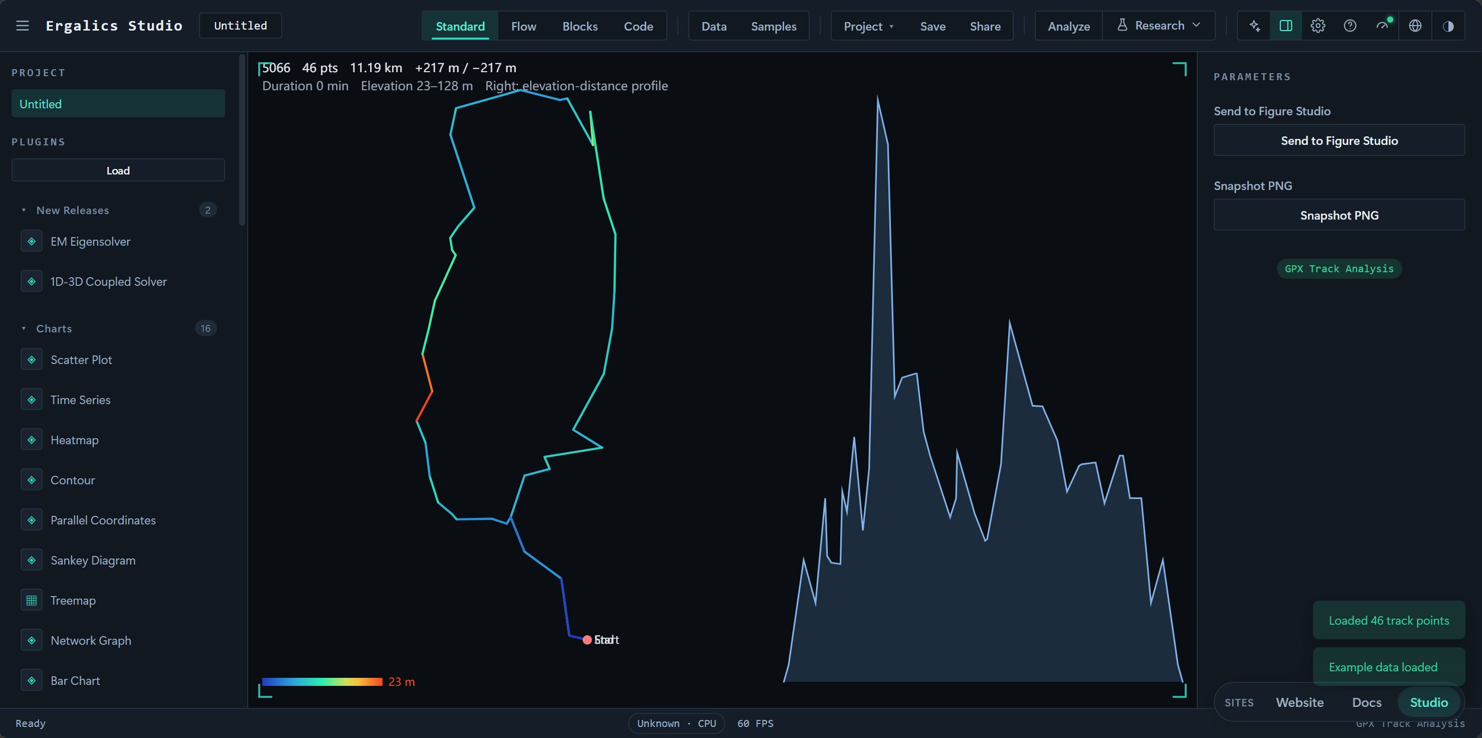 GPX 轨迹分析:轨迹按海拔着色 + 海拔-距离剖面