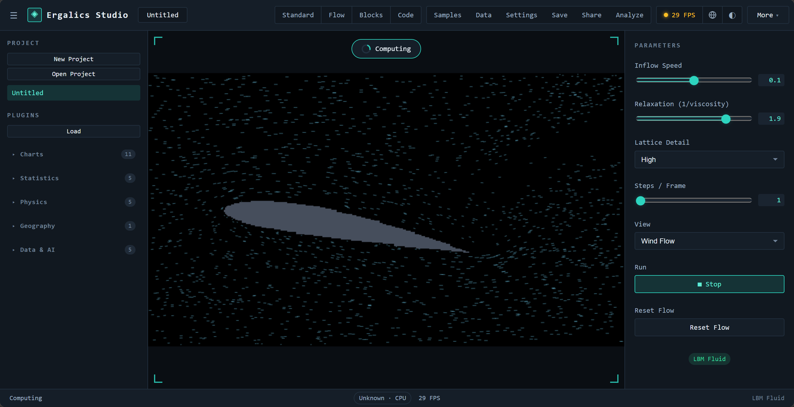 LBM Fluid — lattice-Boltzmann flow past an airfoil obstacle, Wind Flow view