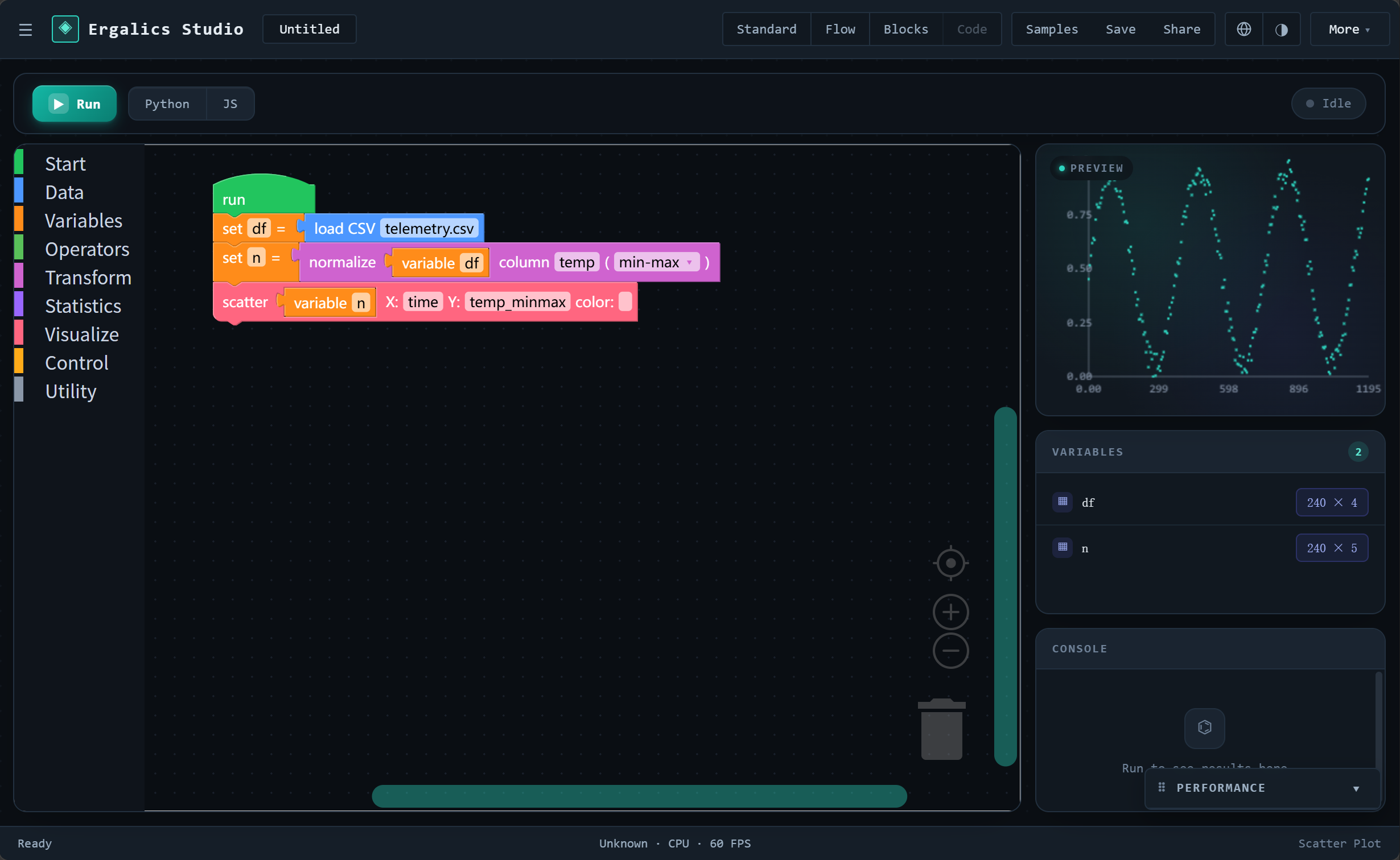 Block mode — a "Run" hat block kicks off a program that loads telemetry, normalises, and plots