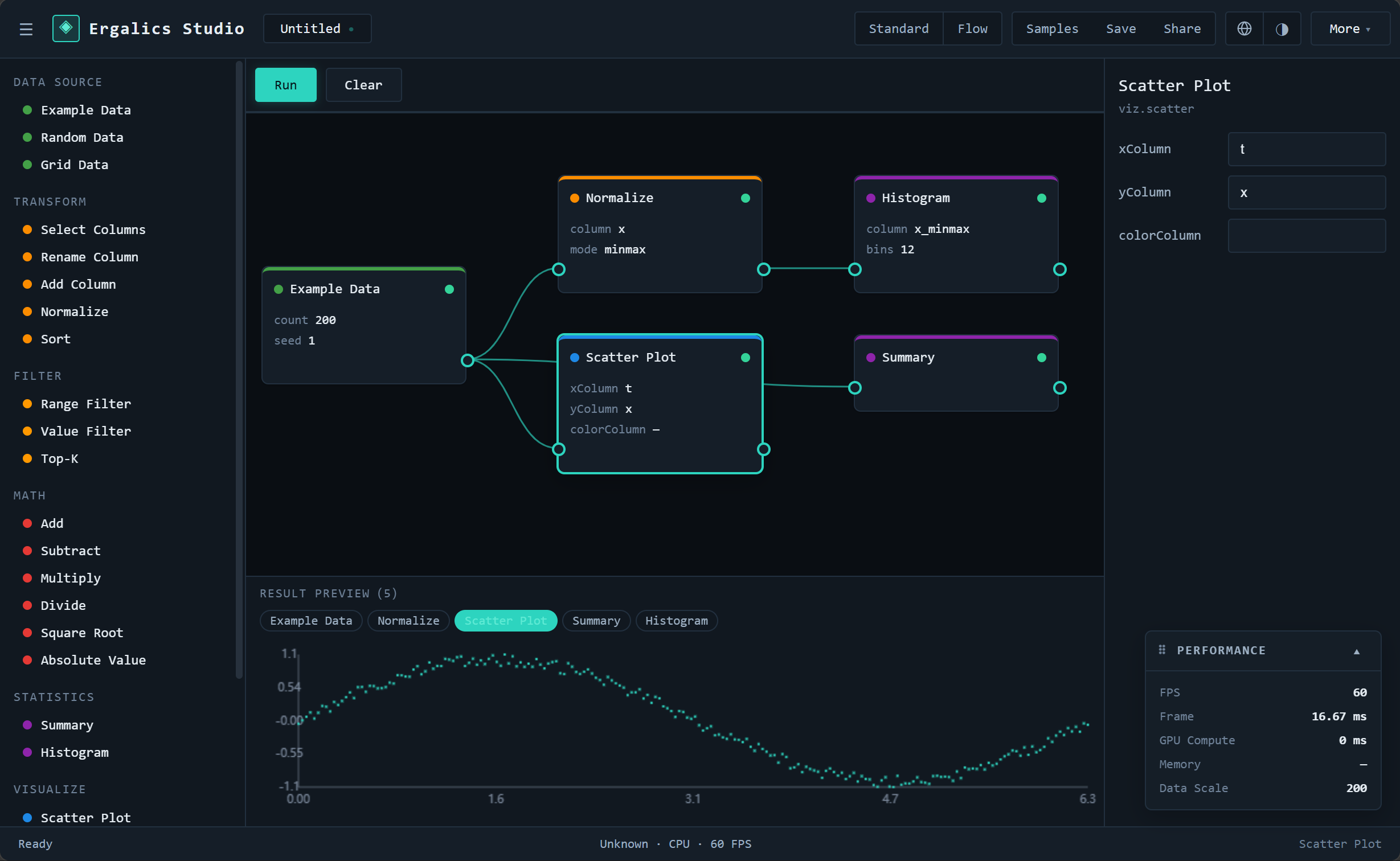 Flow mode — a sample pipeline and its live result preview