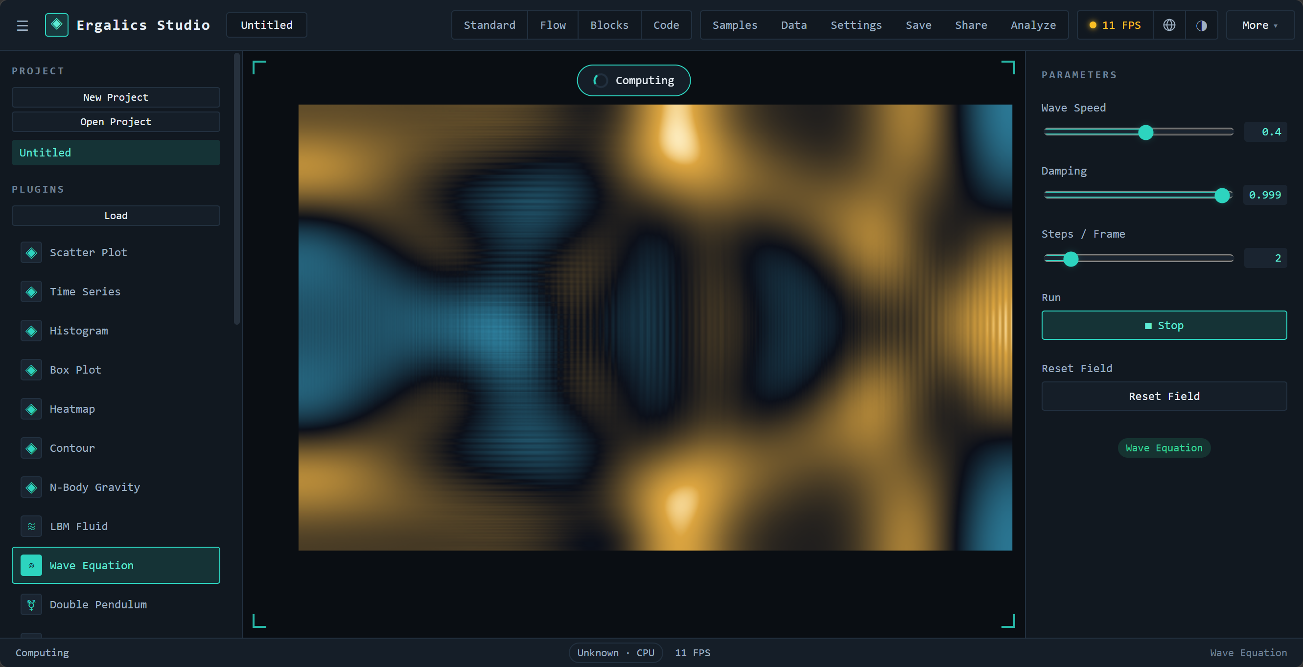 Wave Equation — twin-source interference pattern, orange/blue amplitude field